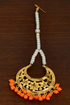 Gold Plated Orange Beaded Dangler Earrings Tikka Set MT197