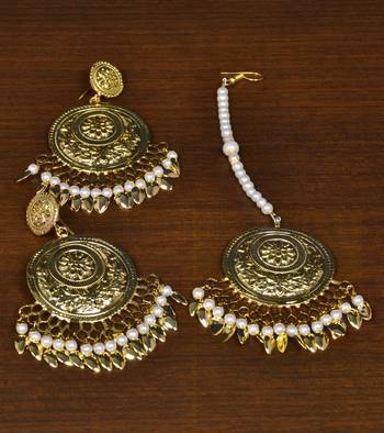 Gold Plated Beaded and Leaf Worked Earrings Tikka MT198 1