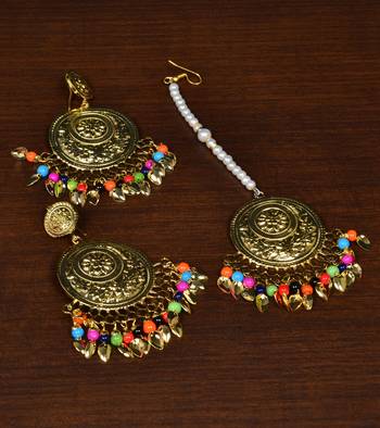 Gold Plated Beaded and Leaf Worked Earrings Tikka MT199 1