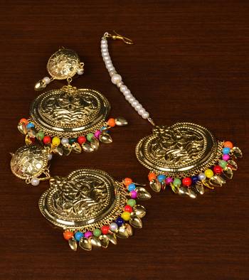 Gold Plated Beaded and Leaf Worked Earrings Tikka MT200 1