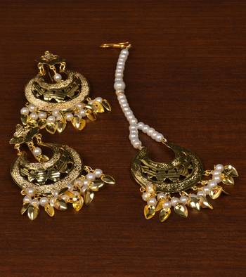 Gold Plated Beaded and Leaf Worked Earrings Tikka MT201 1