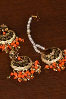 Gold Alloy Gold-Plated Beaded Chandbali Earrings with Maang Tikka
