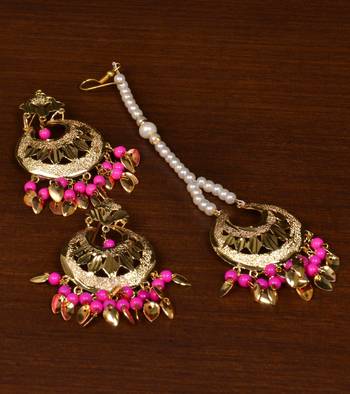 Gold Plated Pink Beaded and Leaf Worked Earrings Tikka MT203 1