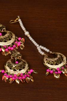 Gold Plated Pink Beaded and Leaf Worked Earrings Tikka MT203