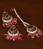 Gold Plated Pink Beaded and Leaf Worked Earrings Tikka MT203