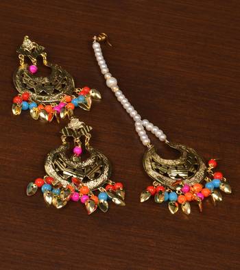 Gold Plated Multi Beaded and Leaf Worked Earrings Tikka MT204 1