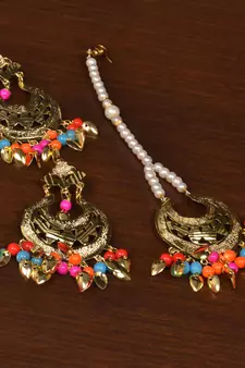 Gold Plated Multi Beaded and Leaf Worked Earrings Tikka MT204