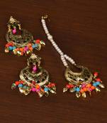 Gold Plated Multi Beaded and Leaf Worked Earrings Tikka MT204