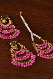 Gold Plated Pink Beaded Danglers Earrings Tikka MT207