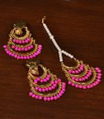 Gold Plated Pink Beaded Danglers Earrings Tikka MT207