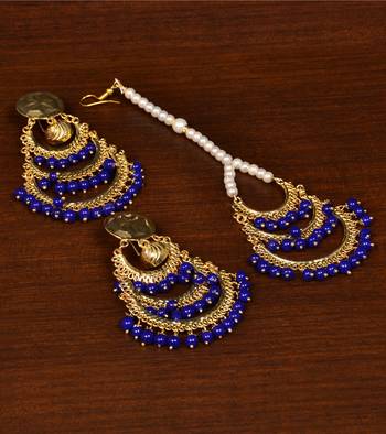 Gold Plated Blue Beaded Danglers Earrings Tikka MT208 1