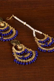 Gold Plated Blue Beaded Danglers Earrings Tikka MT208