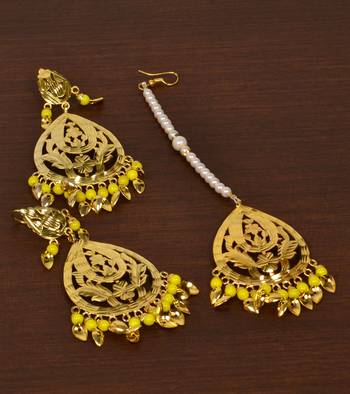 Gold Plated Yellow Beaded and Leaf Worked Earrings Tikka MT211 1