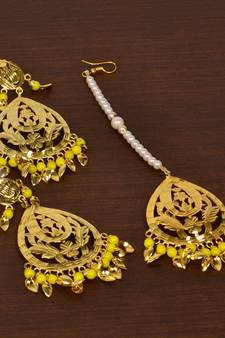Gold Plated Yellow Beaded and Leaf Worked Earrings Tikka MT211