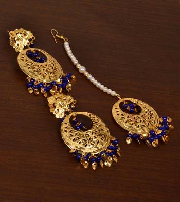 Gold Plated Blue Beaded and Leaf Worked Earrings Tikka MT213 1