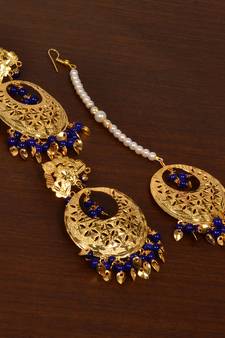 Gold Plated Blue Beaded and Leaf Worked Earrings Tikka MT213