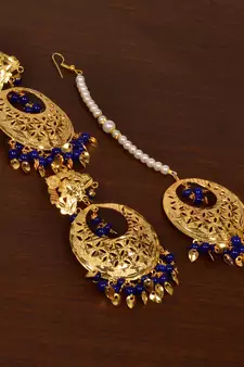 Gold Plated Blue Beaded and Leaf Worked Earrings Tikka MT213