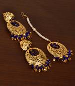 Gold Plated Blue Beaded and Leaf Worked Earrings Tikka MT213