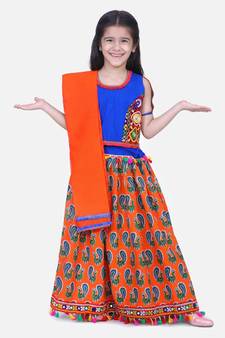 BownBee GirlsMor Print Chaniya Choli With Frill Dupatta- Orange