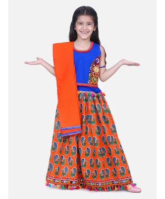 BownBee GirlsMor Print Chaniya Choli With Frill Dupatta- Orange 1