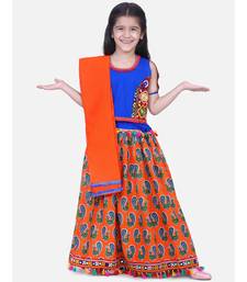 BownBee GirlsMor Print Chaniya Choli With Frill Dupatta- Orange