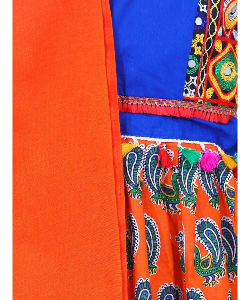 BownBee GirlsMor Print Chaniya Choli With Frill Dupatta- Orange