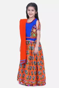 BownBee GirlsMor Print Chaniya Choli With Frill Dupatta- Orange