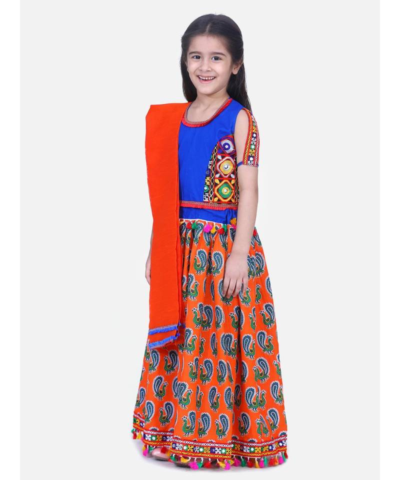 BownBee GirlsMor Print Chaniya Choli With Frill Dupatta- Orange