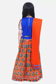 BownBee GirlsMor Print Chaniya Choli With Frill Dupatta- Orange