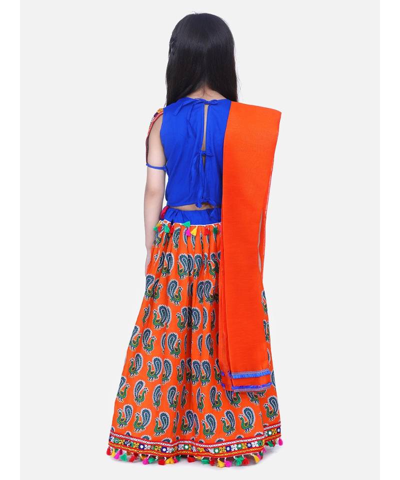 BownBee GirlsMor Print Chaniya Choli With Frill Dupatta- Orange