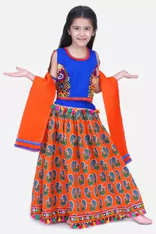 BownBee GirlsMor Print Chaniya Choli With Frill Dupatta- Orange