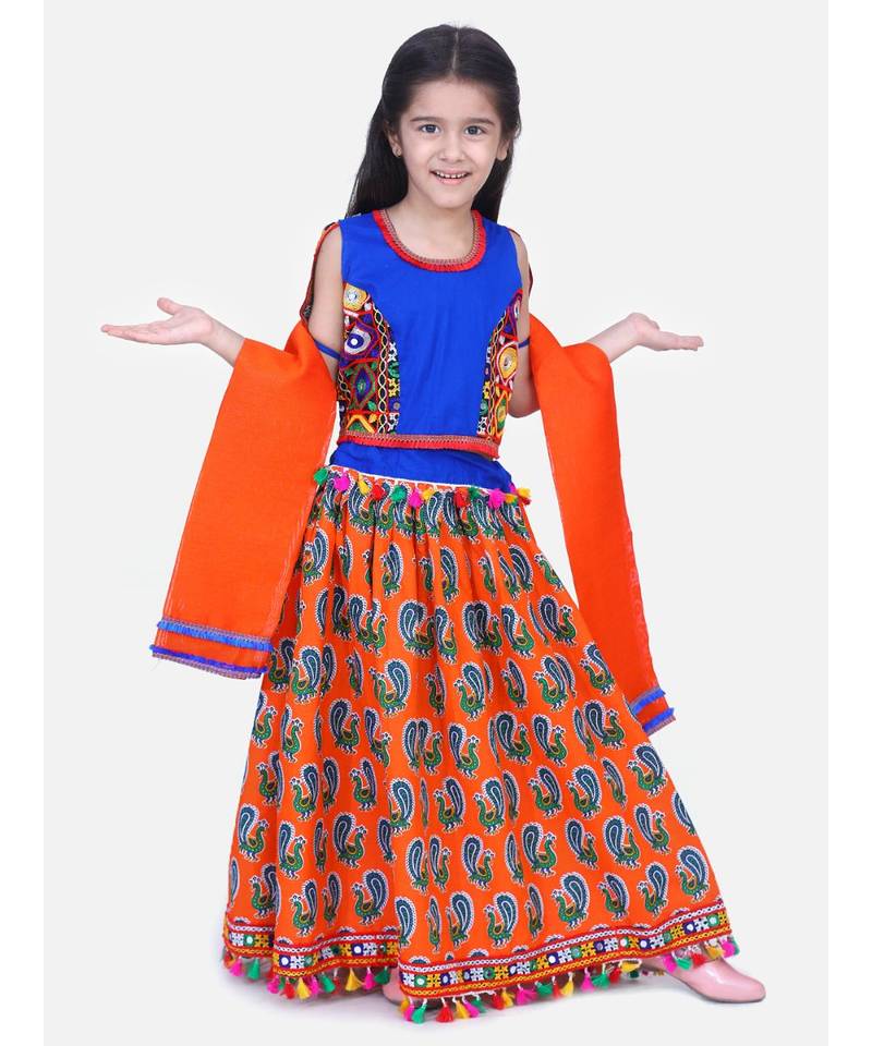 BownBee GirlsMor Print Chaniya Choli With Frill Dupatta- Orange