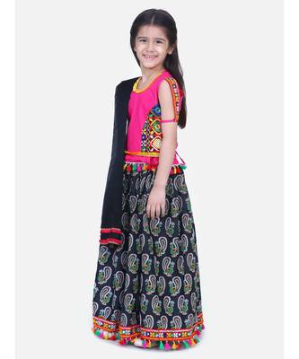 BownBee GirlsMor Print Chaniya Choli With Frill Dupatta- Black 1