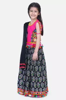 BownBee GirlsMor Print Chaniya Choli With Frill Dupatta- Black