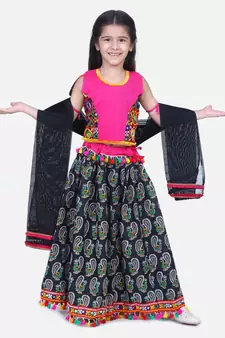 BownBee GirlsMor Print Chaniya Choli With Frill Dupatta- Black