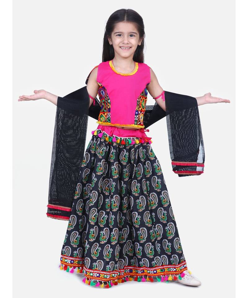 BownBee GirlsMor Print Chaniya Choli With Frill Dupatta- Black