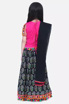 BownBee GirlsMor Print Chaniya Choli With Frill Dupatta- Black