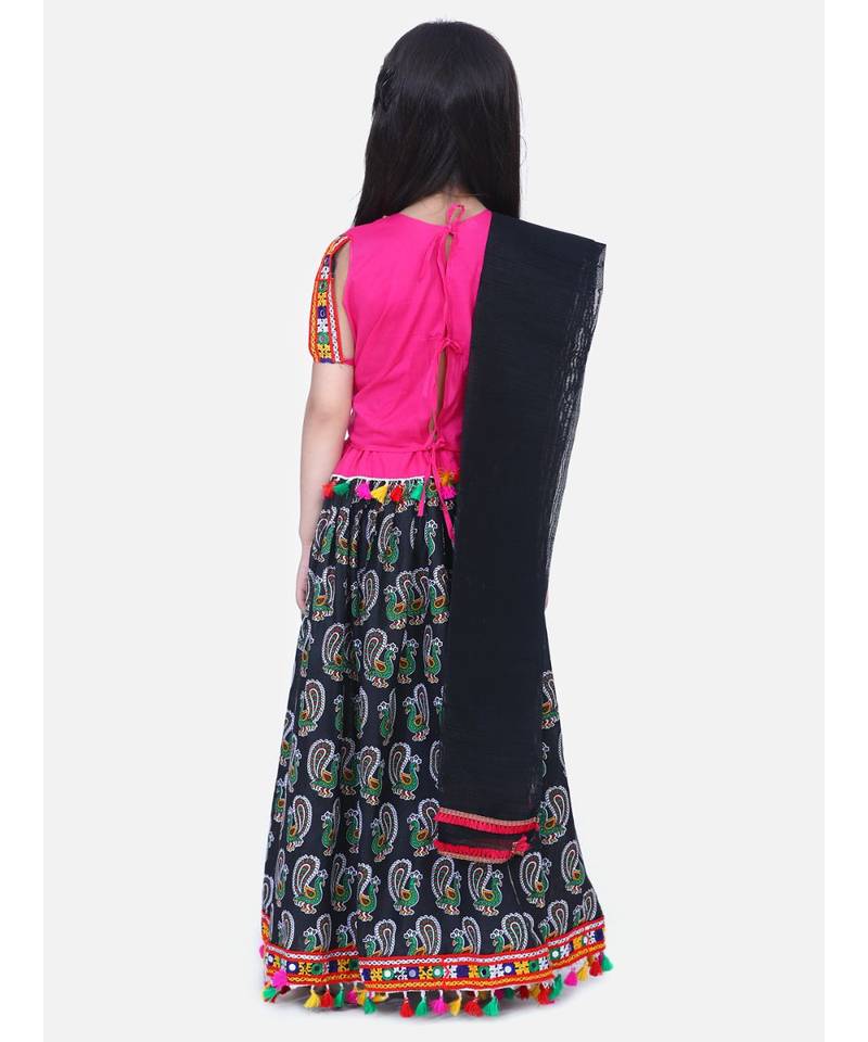 BownBee GirlsMor Print Chaniya Choli With Frill Dupatta- Black