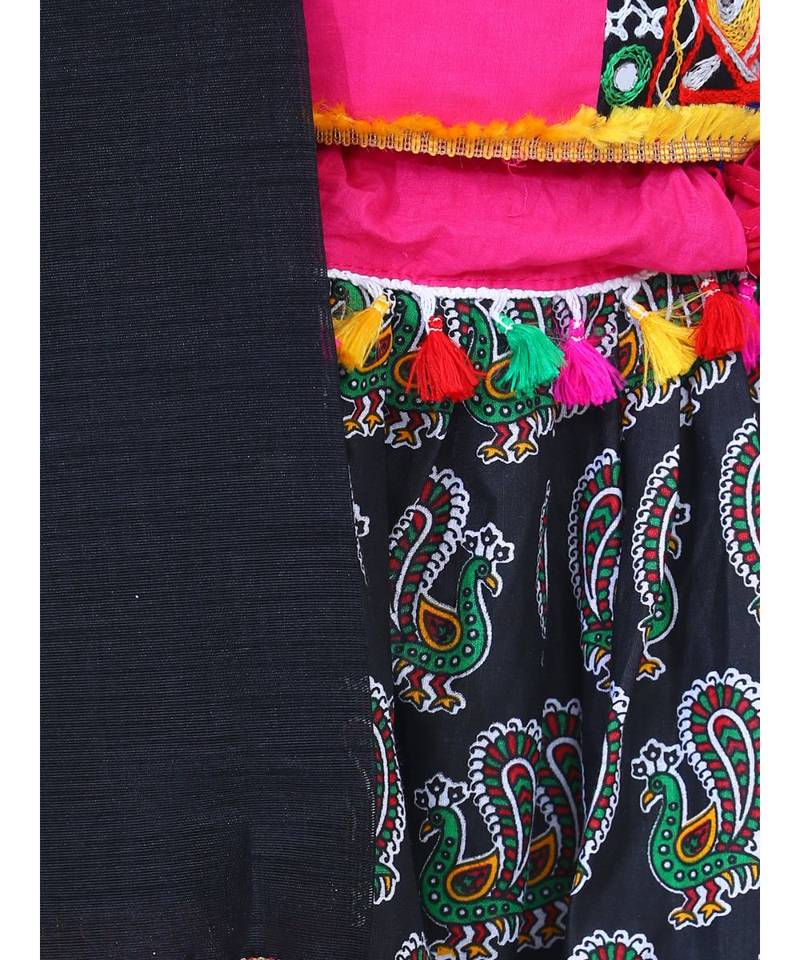 BownBee GirlsMor Print Chaniya Choli With Frill Dupatta- Black