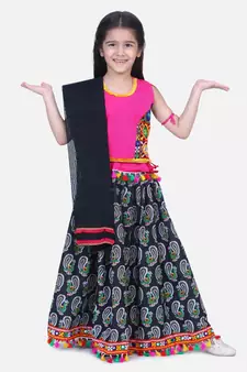 BownBee GirlsMor Print Chaniya Choli With Frill Dupatta- Black