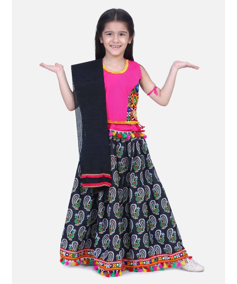 BownBee GirlsMor Print Chaniya Choli With Frill Dupatta- Black