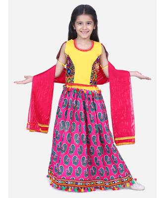 BownBee GirlsMor Print Chaniya Choli With Frill Dupatta- Pink 1