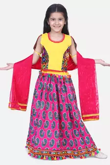 BownBee GirlsMor Print Chaniya Choli With Frill Dupatta- Pink