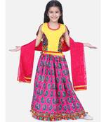 BownBee GirlsMor Print Chaniya Choli With Frill Dupatta- Pink