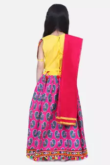 BownBee GirlsMor Print Chaniya Choli With Frill Dupatta- Pink