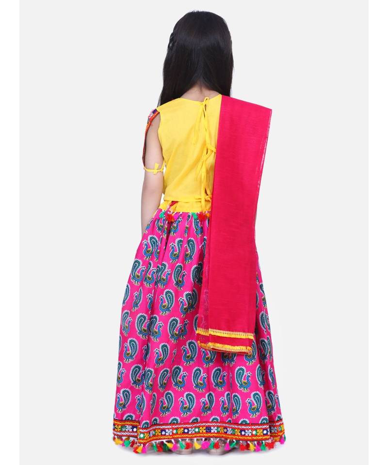 BownBee GirlsMor Print Chaniya Choli With Frill Dupatta- Pink