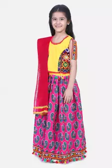 BownBee GirlsMor Print Chaniya Choli With Frill Dupatta- Pink