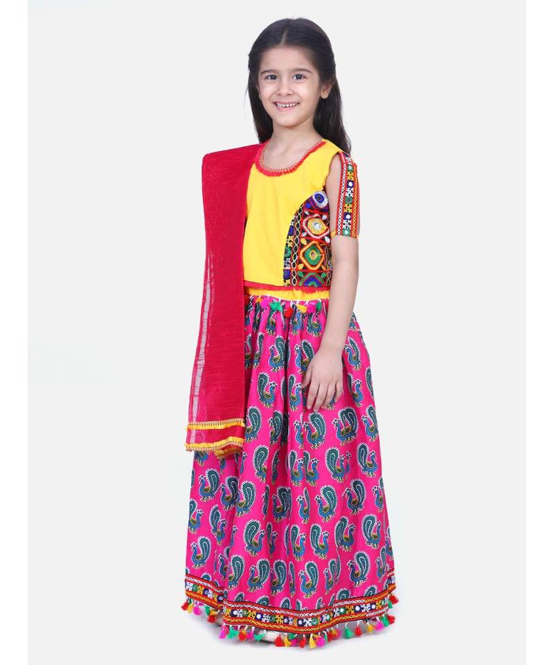 BownBee GirlsMor Print Chaniya Choli With Frill Dupatta- Pink