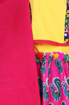 BownBee GirlsMor Print Chaniya Choli With Frill Dupatta- Pink