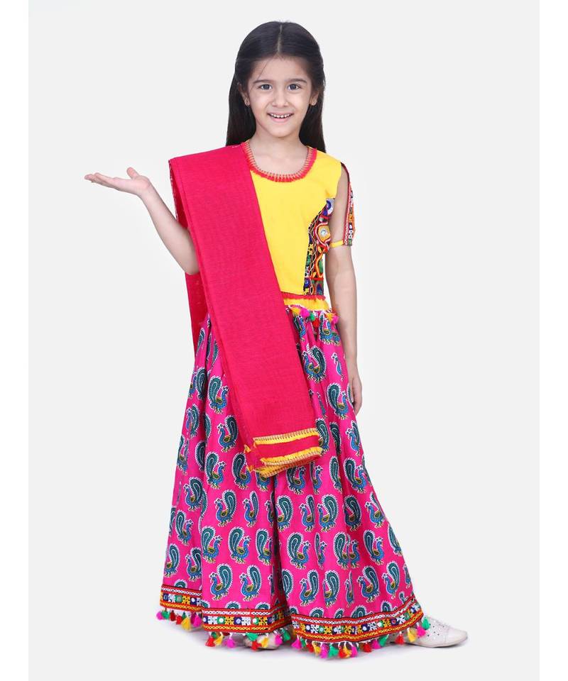 BownBee GirlsMor Print Chaniya Choli With Frill Dupatta- Pink
